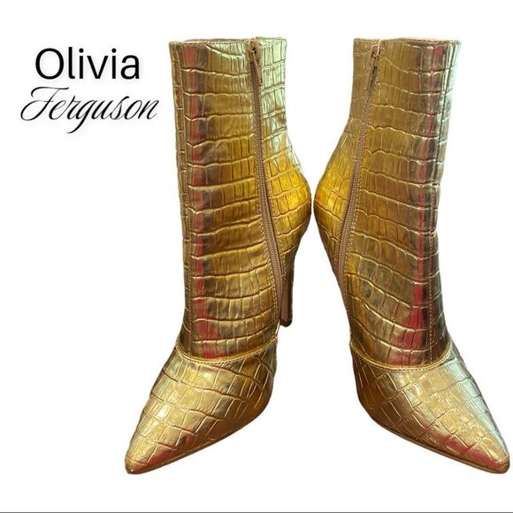 Olivia Ferguson Gold Croc Heeled Zipper Pointed Toe Boots 6 - Picture 4 of 6